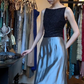 Two Tone Bateau Neck Evening Gown Black Beaded Bodice Metallic Satin Long Skirt Prom Dress gh9676