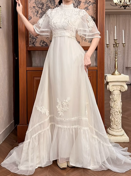 Ivory Vintage Tulle Wedding Gown, High Neck, Flare Mid‑Sleeves, 3D Floral Lace Appliqués, Empire High Waist, Multi‑Ruffle Hem Long Train Prom Dress gh8635