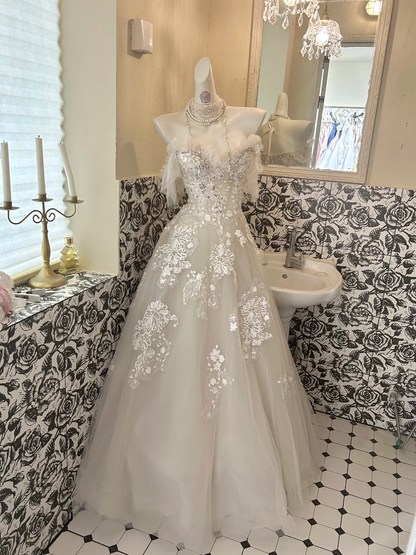 Ivory Strapless Embroidered Waist-Cinched A-Line Long Romantic Dress, Wedding Gown gh7692