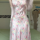 Pink Watercolor Floral Spaghetti Strap Long Evening Gown, V‑Neck Front Tie Bow Flowy A‑Line Formal Prom Dress gh8995