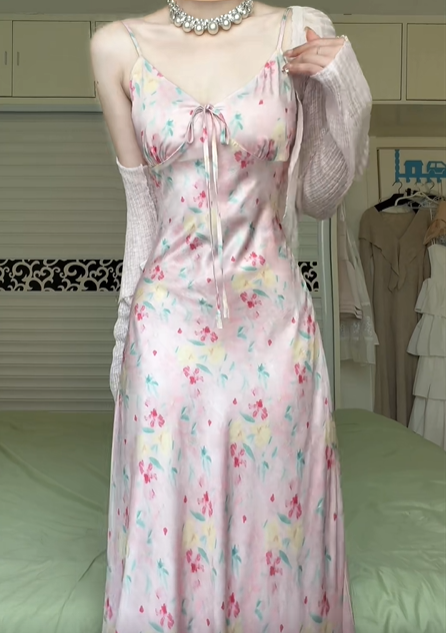 Pink Watercolor Floral Spaghetti Strap Long Evening Gown, V‑Neck Front Tie Bow Flowy A‑Line Formal Prom Dress gh8995