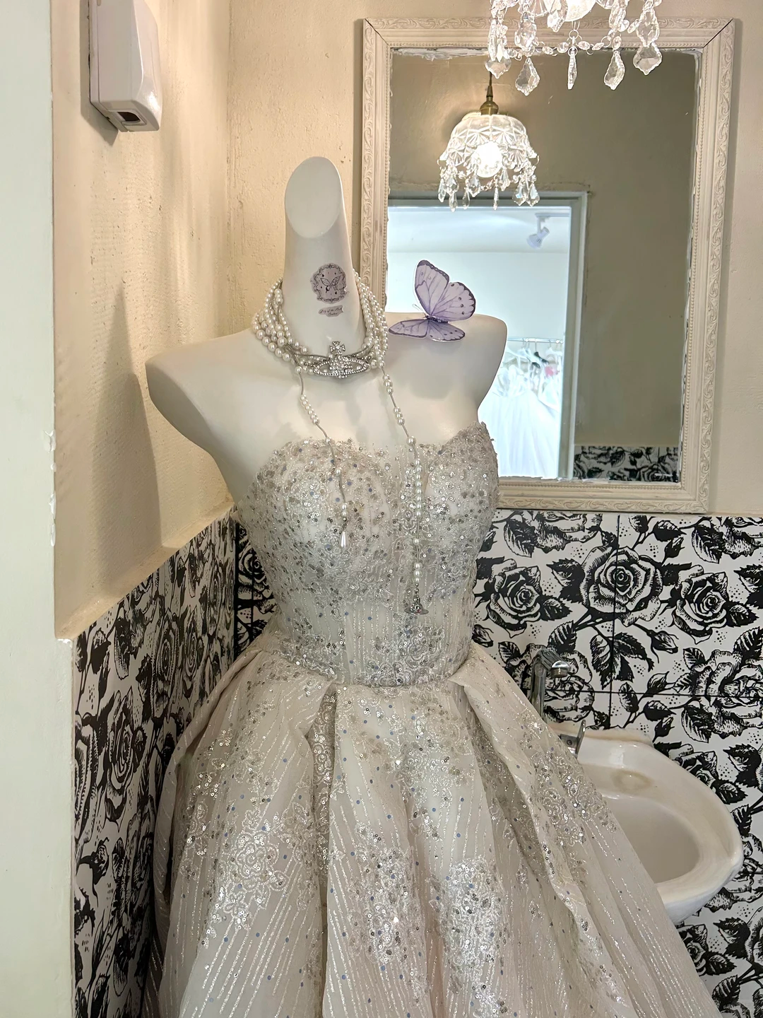 Ivory Strapless Gown with Silver Decorations, Waist-Cinched Full Flared Long Romantic Dress, Wedding Gown gh7699