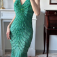 Teal Green Vintage Halter V‑Neck Prom Gown, Full‑Body Radiant Hand‑Beaded Sequin Details, Fitted Waist Bodycon Mermaid Long Skirt, Small Train, Evening Prom Dress gh8805