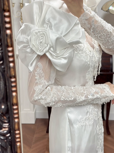 Ivory Vintage Lace Satin Mermaid Wedding Dress, Puff Shoulder Long Sleeve Bridal Gown gh8745
