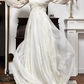 Ivory Vintage Chiffon Wedding Gown, V‑Neck Lace High Collar, Lace‑Sheer Puff Long Sleeves, Lace Appliqué Empire Waist, Draped Pleated Flowy Full Skirt, Side Lace Trim, Lace‑Edged Train, Bridal Prom Dress gh8734