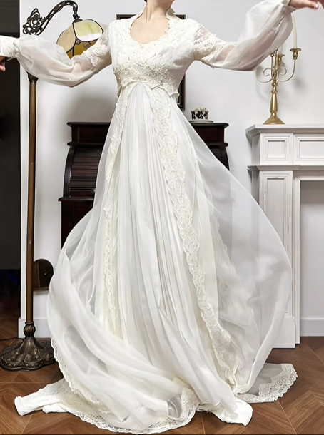 Ivory Vintage Chiffon Wedding Gown, V‑Neck Lace High Collar, Lace‑Sheer Puff Long Sleeves, Lace Appliqué Empire Waist, Draped Pleated Flowy Full Skirt, Side Lace Trim, Lace‑Edged Train, Bridal Prom Dress gh8734