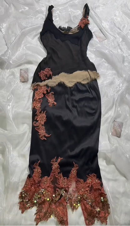 intage Embroidered Prom & Evening Party Dress, Black Spaghetti Strap, Fitted Waist Slim Fit, Orange Skirt with Floral Embroidery gh8575