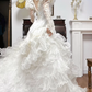 Ivory Vintage Satin Wedding Gown, Mock Two‑Piece High Neck Mesh V‑Neck, Puff Long Sleeves, Gold‑Silver Thread Lace Beaded Appliqués, Fitted Waist, Satin Full Long Skirt, Bridal Prom Dress gh8755