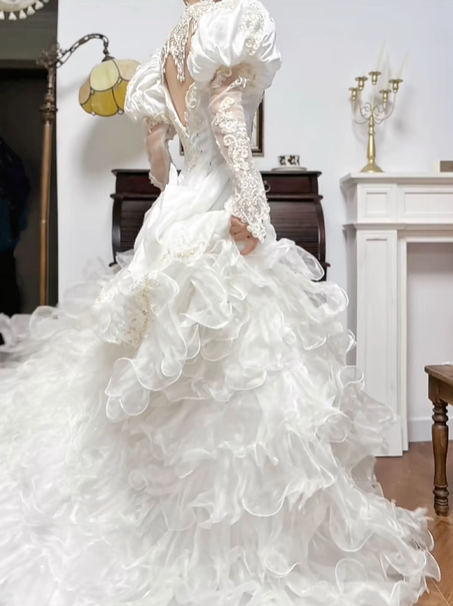Ivory Vintage Satin Wedding Gown, Mock Two‑Piece High Neck Mesh V‑Neck, Puff Long Sleeves, Gold‑Silver Thread Lace Beaded Appliqués, Fitted Waist, Satin Full Long Skirt, Bridal Prom Dress gh8755