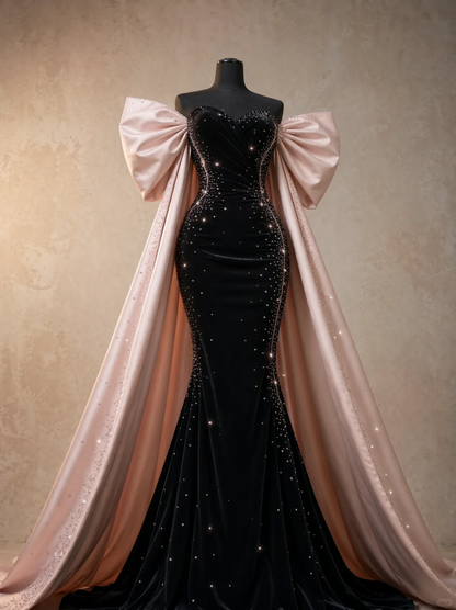 ✨Girlhomeshops-Strapless Black Velvet Mermaid Gown with Pink Satin Bow Cape and Rhinestones gh10503