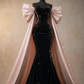 ✨Girlhomeshops-Strapless Black Velvet Mermaid Gown with Pink Satin Bow Cape and Rhinestones gh10503