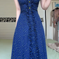Navy Blue Polka‑Dot Halter Long Evening Dress, V‑Neck Ruffled Trim, Waist‑Defined A‑Line Maxi Dress With Front Slit gh8941