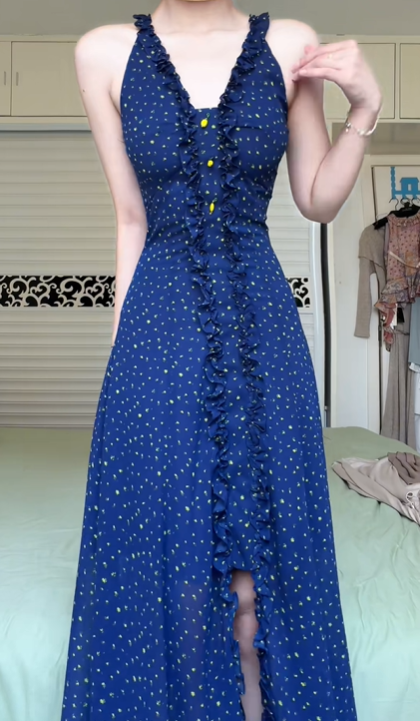 Navy Blue Polka‑Dot Halter Long Evening Dress, V‑Neck Ruffled Trim, Waist‑Defined A‑Line Maxi Dress With Front Slit gh8941