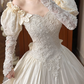 Ivory Vintage Wedding Ball Gown, Off‑the‑Shoulder Puff Short Sleeves With 3D Bows, Sweetheart Neck, Sheer Lace Long Sleeves, Beaded Lace Appliqués Fitted Bodice, Voluminous A‑Line Skirt With Scalloped Lace Hem, Prom Dress gh8659