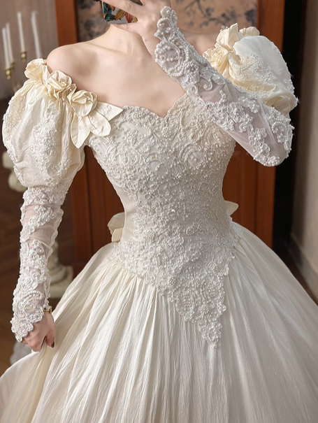 Ivory Vintage Wedding Ball Gown, Off‑the‑Shoulder Puff Short Sleeves With 3D Bows, Sweetheart Neck, Sheer Lace Long Sleeves, Beaded Lace Appliqués Fitted Bodice, Voluminous A‑Line Skirt With Scalloped Lace Hem, Prom Dress gh8659