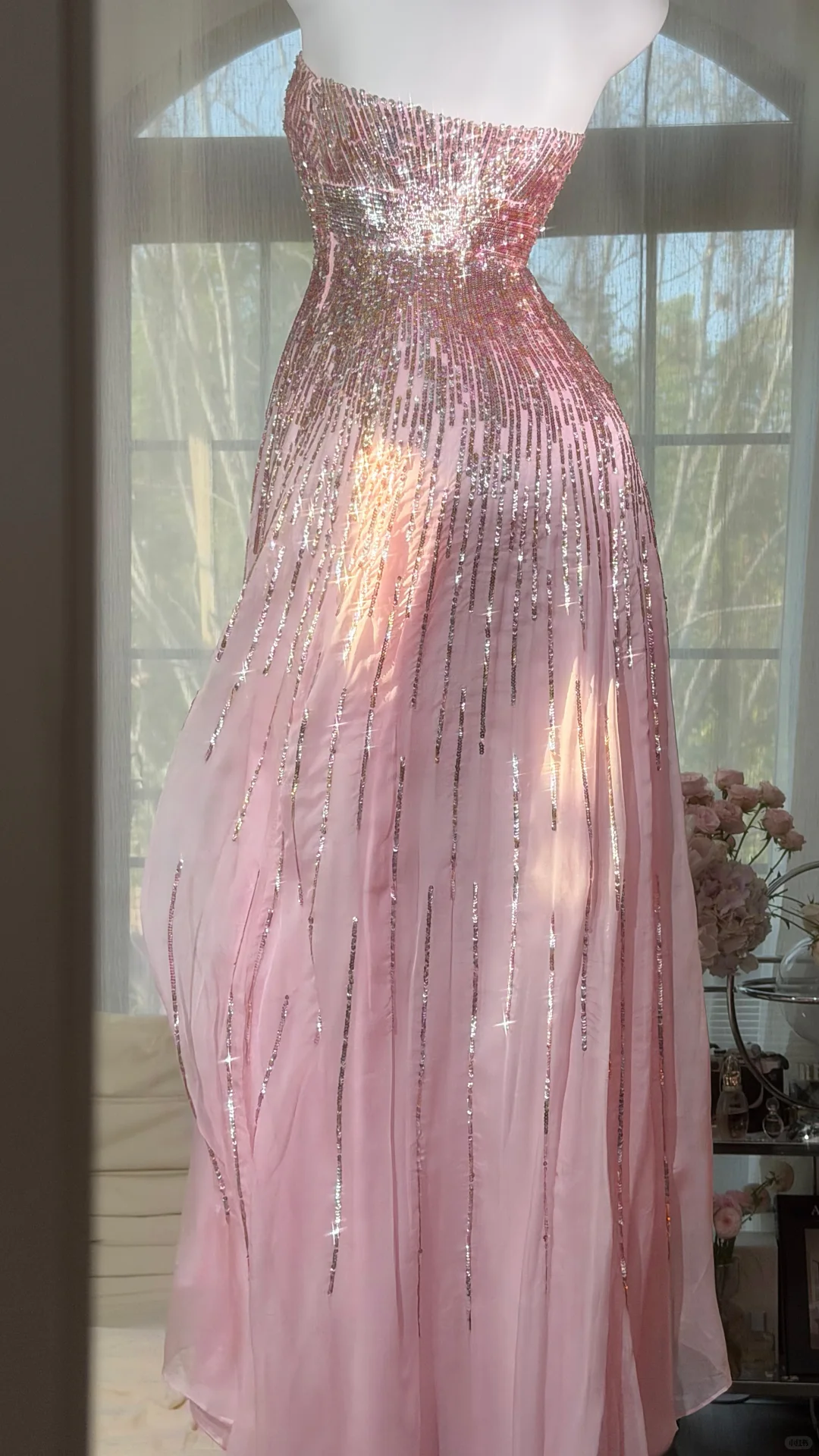 Pink Strapless Vertical Heavy Beaded Irregular Ruffle Mermaid Evening Dress, Prom Gown gh9521