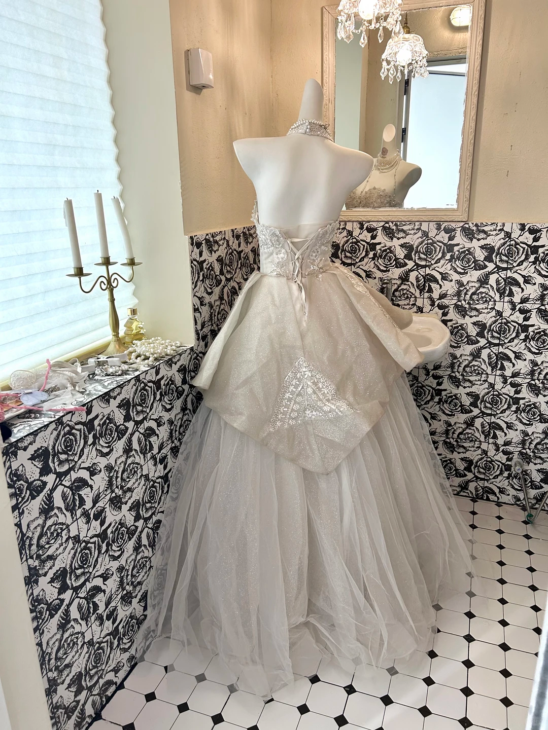 Ivory Strapless Romantic Long Wedding Gown with Silver Decorations, Cinched Waist & Voluminous Full Flared Skirt gh7755