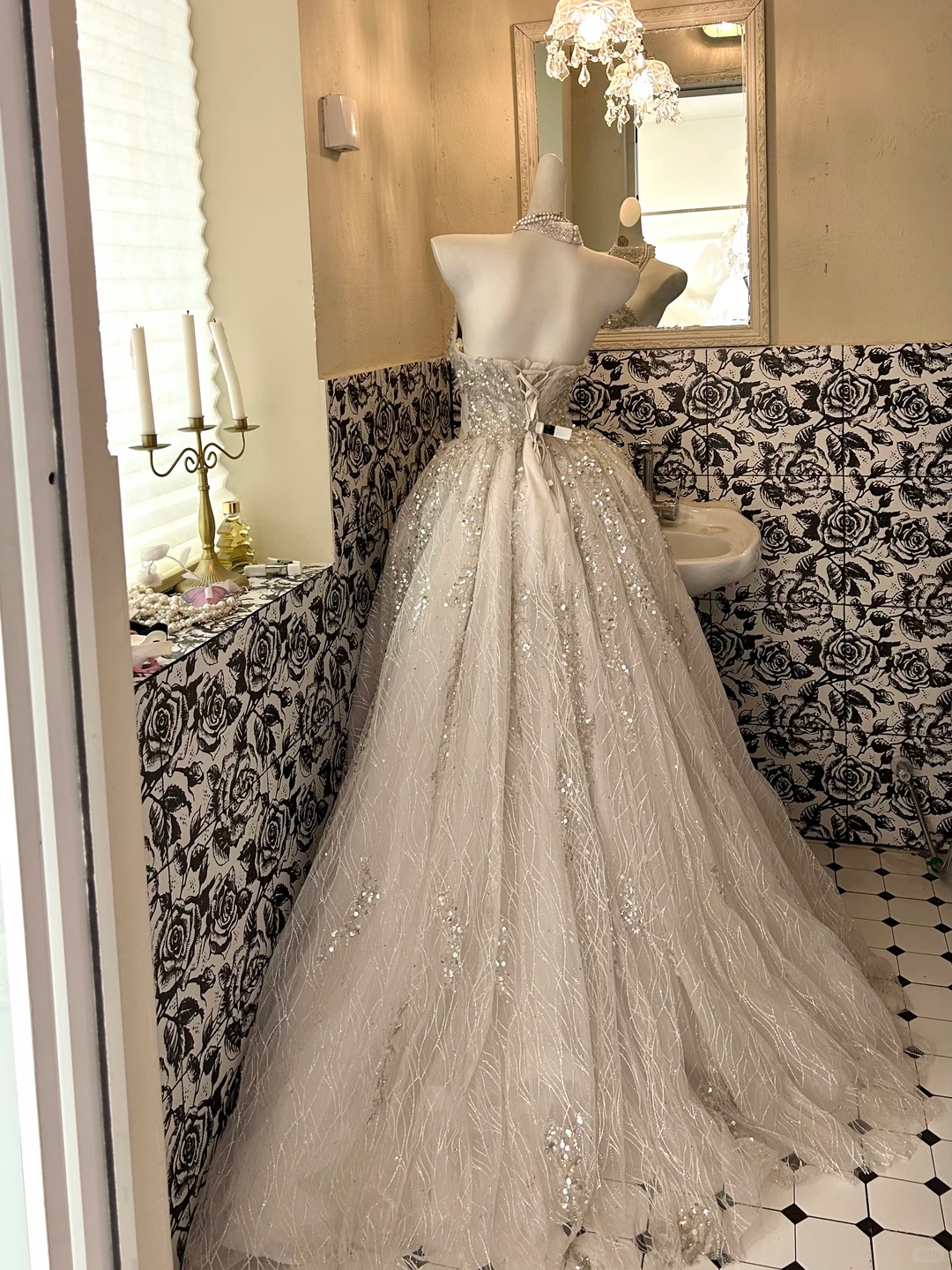 Ivory Beaded Strapless Waist-Cinched Full Flared Long Romantic Dress, Wedding Gown gh7580