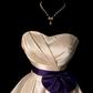 Champagne Vintage Short Prom Dress, Strapless Sweetheart Neck, Bust Pleated Detail, High Waist, Purple Sash With Big Bow, Satin Full Swing Skirt, 50s Retro Cocktail Gown gh8889