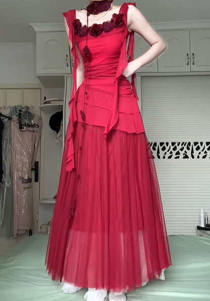 Burgundy Tulle Long Evening Gown, 3D Rose Floral Draped Ribbon A‑Line Formal Prom Dress gh9042