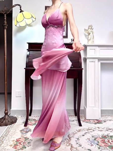Pink‑Purple Ombré Vintage Spaghetti‑Strap V‑Neck Prom Gown, Lace‑Beaded Trim At Waist, Iridescent Shiny Satin, Fitted Bodycon Mermaid Long Dress, Matching Ombré Shawl, Evening Prom Dress gh8812