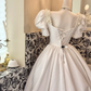 White Puff Sleeve Beaded Waist-Cinched Full Flared Long Vintage Romantic Dress, Wedding Gown gh7517