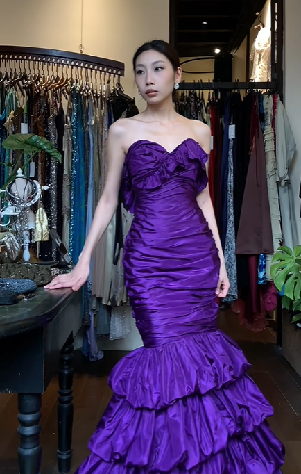 Purple Strapless Sweetheart Long Formal Gown Tiered Ruffle Mermaid Evening Dress gh9653