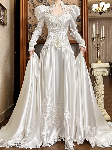 White Vintage Satin Wedding Gown, Lace Petal V‑Stand Collar, Leg‑of‑Mutton Puff Long Sleeves, Boned Bodice With Heavy Lace Appliqués, Flowing Satin Long Train with Scalloped Lace Hem, Prom Dress gh8657