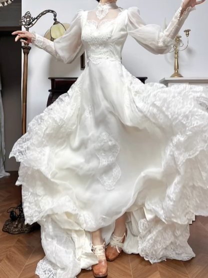 Ivory Vintage Lace High‑Neck Puff‑Lantern‑Sleeve Lace‑Appliqué Long Train Wedding Dress gh8775