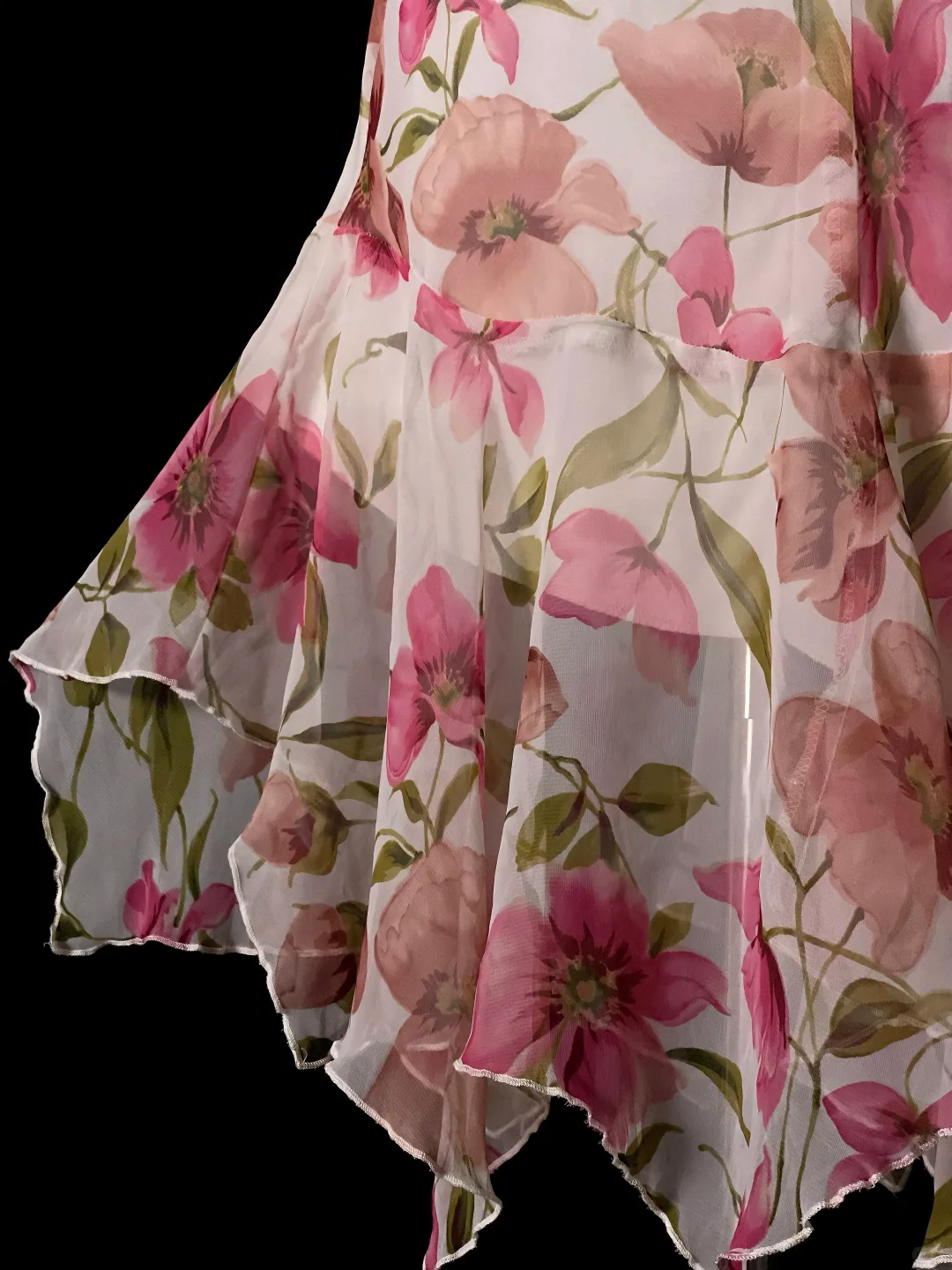 Vintage Pink Floral Chiffon Evening Gown, V‑Neck Sleeveless, 3D Flower Appliqué On Bust, Fitted Waist, Asymmetric Hanky Hem Mermaid Dress, Romantic Prom Party Gown gh8893