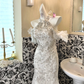 White Halter Wedding Gown with Silver Embellishments, Cinched Waist, Slim Fit Sexy Mermaid Skirt Romantic Dress gh7610