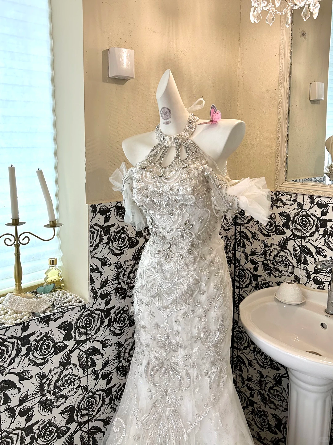 White Halter Wedding Gown with Silver Embellishments, Cinched Waist, Slim Fit Sexy Mermaid Skirt Romantic Dress gh7610