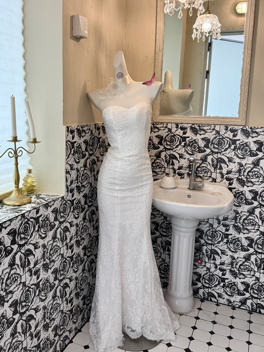 White Strapless Waist-Cinched Slim Fit Rhinestone Embellished Mermaid Sexy Romantic Dress, Wedding Gown gh7636
