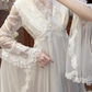 Ivory Vintage Tulle Wedding Prom Dress, V‑Neck Ruffle Collar, Big Bell Flare Sleeves, Empire High Waist, Ruffled Lace Long Train gh8675