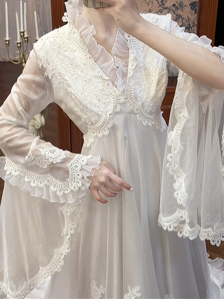 Ivory Vintage Tulle Wedding Prom Dress, V‑Neck Ruffle Collar, Big Bell Flare Sleeves, Empire High Waist, Ruffled Lace Long Train gh8675