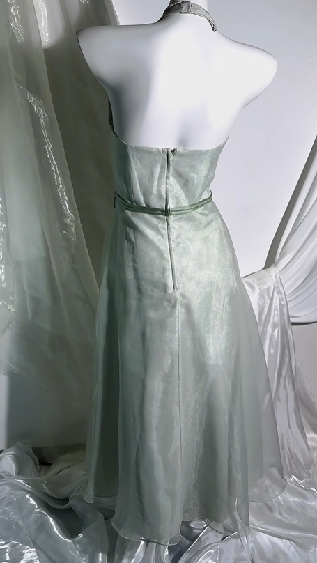 Vintage Elegant Light Green Halter Prom & Evening Party Dress, Fitted Waist Slimming Silhouette gh8556