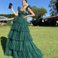 Hunter Green/Emerald Green A-Line Strap Tulle Tiered Long Prom Dress Party Dress gh2771
