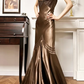 Bronze‑Brown Satin Beaded‑Strap Twist‑Knot Beaded‑Trim Mermaid Floor‑Length Vintage Evening Prom Gown gh8793