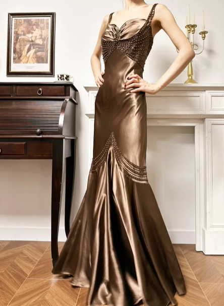 Bronze‑Brown Satin Beaded‑Strap Twist‑Knot Beaded‑Trim Mermaid Floor‑Length Vintage Evening Prom Gown gh8793
