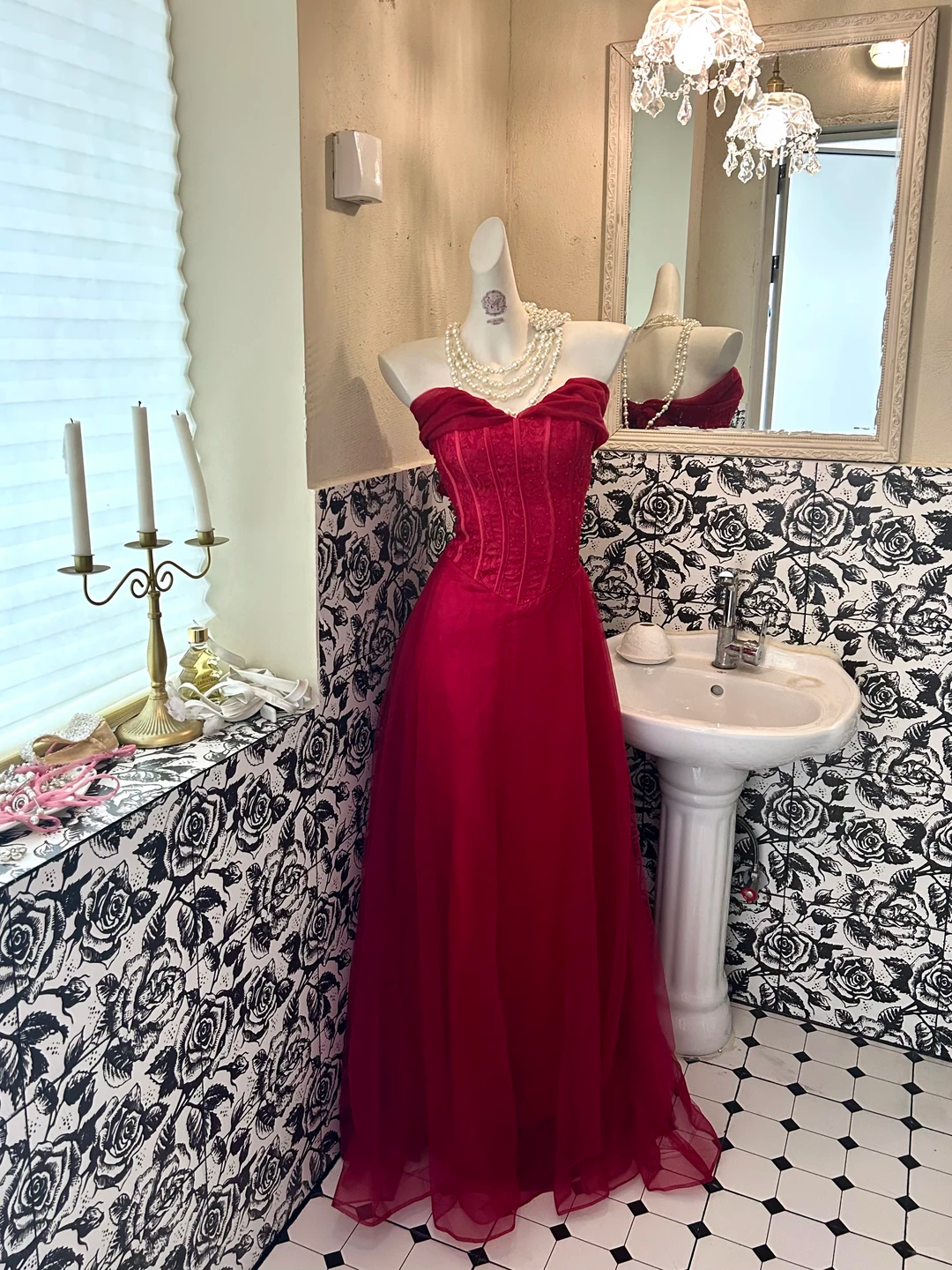 Red Strapless Waist-Cinched Boned Slimming Sexy Long Romantic Dress, Wedding Gown gh7767