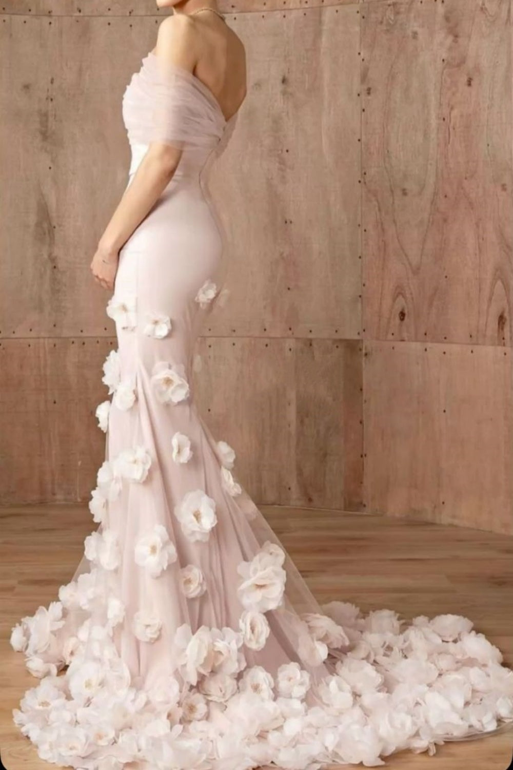 girlhomeshops-Rosa Elegantes Blumenmuster Langes Tüll Meerjungfrau Bodycon Ballkleid Brautkleid gh5952