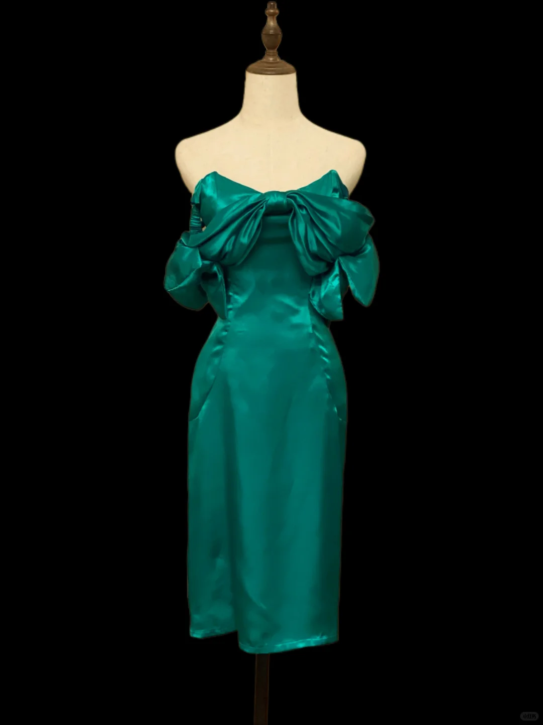 Peacock Green Satin Off‑the‑Shoulder Midi Evening Gown, Large Bow Detail, Fitted Sheath Silhouette, Formal Cocktail Prom Dress gh8905