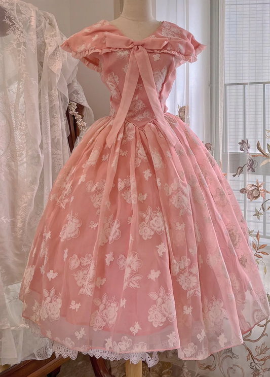 Pink Vintage Princess Midi Gown, V Neck Ruffle Cap Sleeve Floral Party Dress gh9338