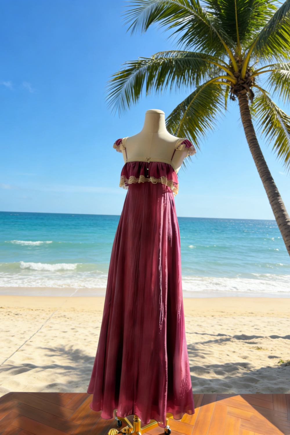 Robe longue fuchsia en mousseline à volants et dentelle, manches papillon - Robe longue vintage vaporeuse dos nu gh6964