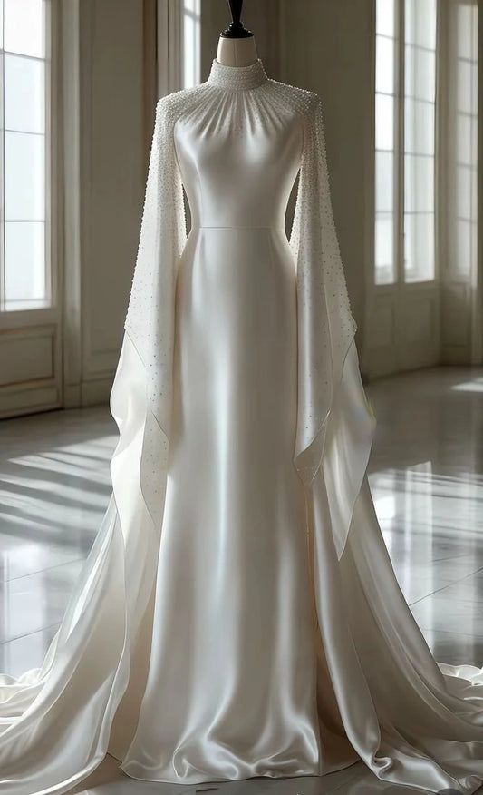Premium Texture Style High-Neck Beaded Cape-Sleeve Gown | Satin Train Fitted Maxi Dress for Wedding Bridal Evening Luxury Ball gh6415