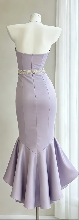 Strapless Lavender Satin Prom Gown Beaded Belt Butterfly Detail High Low Ruffle Hem Evening Dress gh9477