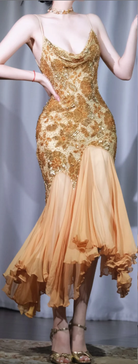 ✨Girlhomeshops-Gold Beaded Sequin Prom Dress Spaghetti Strap Cowl Neck Irregular Chiffon Ruffle Hem Evening Gown gh10060