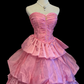 Pink Strapless Princess Ball Gown, Sweetheart Neck, Gold Stitching Beaded Corset Bodice, Multi‑Layer Ruffled Skirt With Lace Trim, Formal Prom Party Dress gh8911
