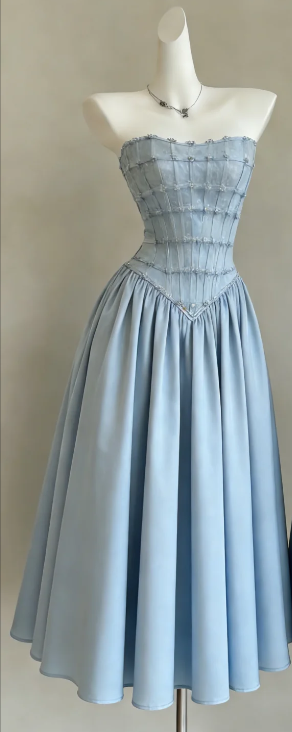 Light Blue Strapless Corset Bodice Evening Gown Beaded Tulle Top Vintage Midi A-Line Formal Dress gh9466