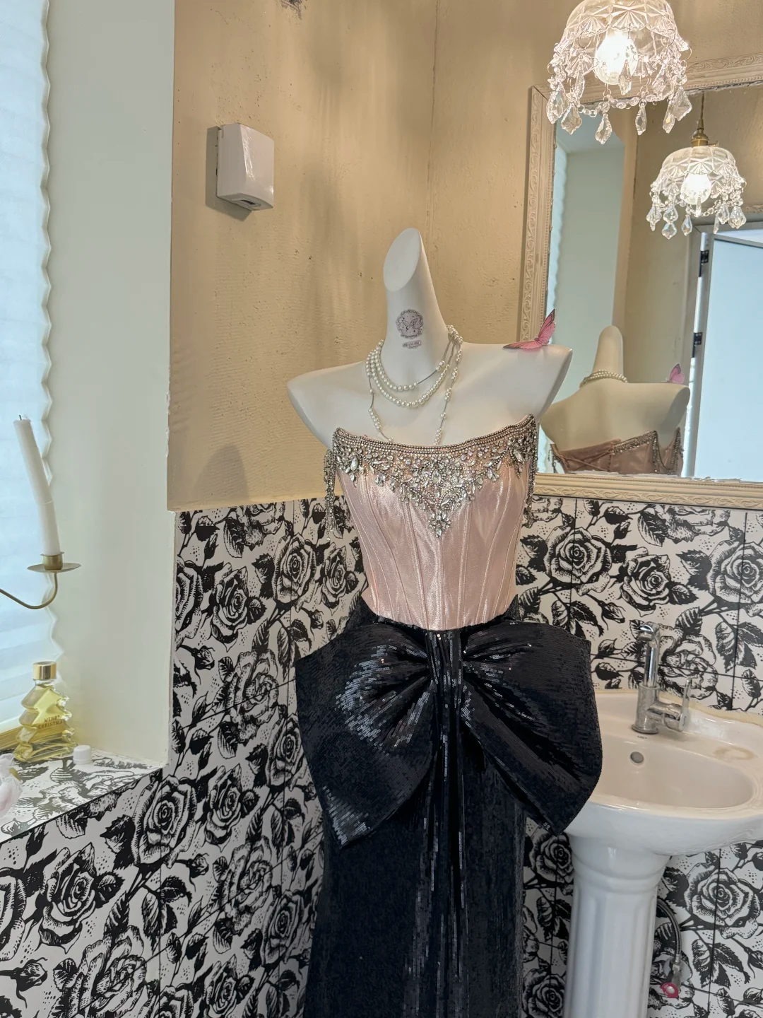 Pink Strapless Gusset Boned with Black Slimming Skirt Luxury Romantic Dress, Wedding Gown gh7640